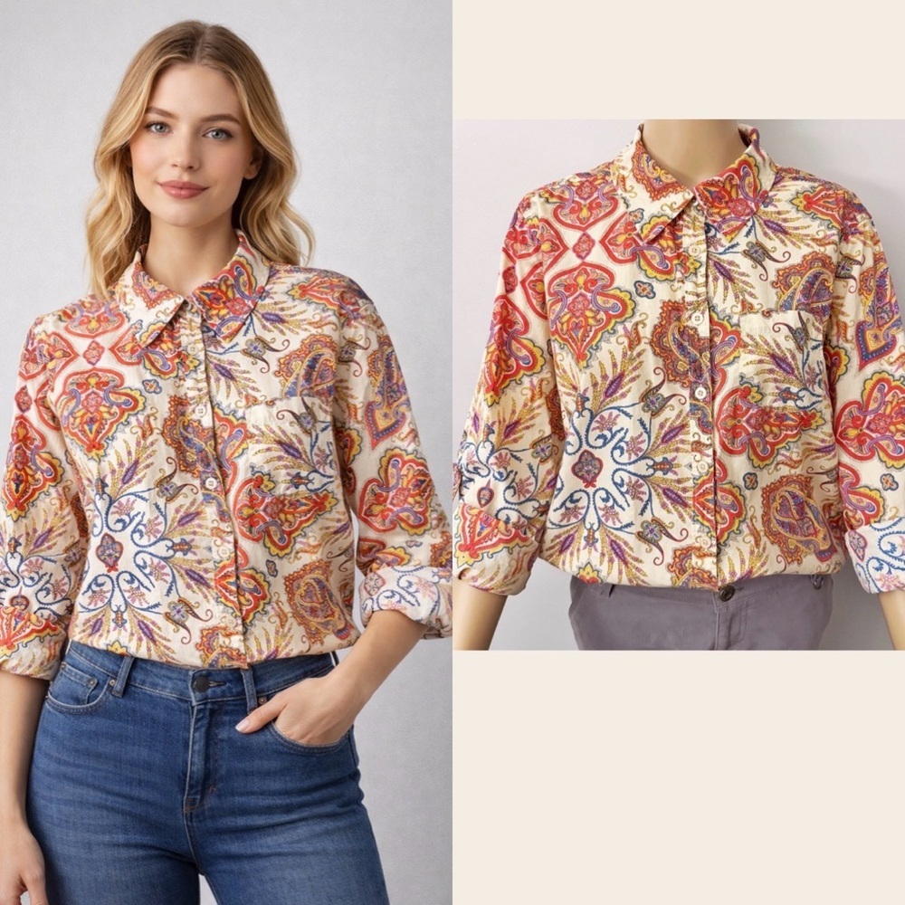 Vintage Floral Paisley Pattern Boho Festival Hippie Button Down Shirt Blouse